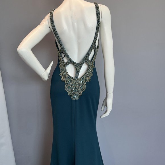 Size 6 navy/gold  highneck open back formal gown - Picture 2 of 2